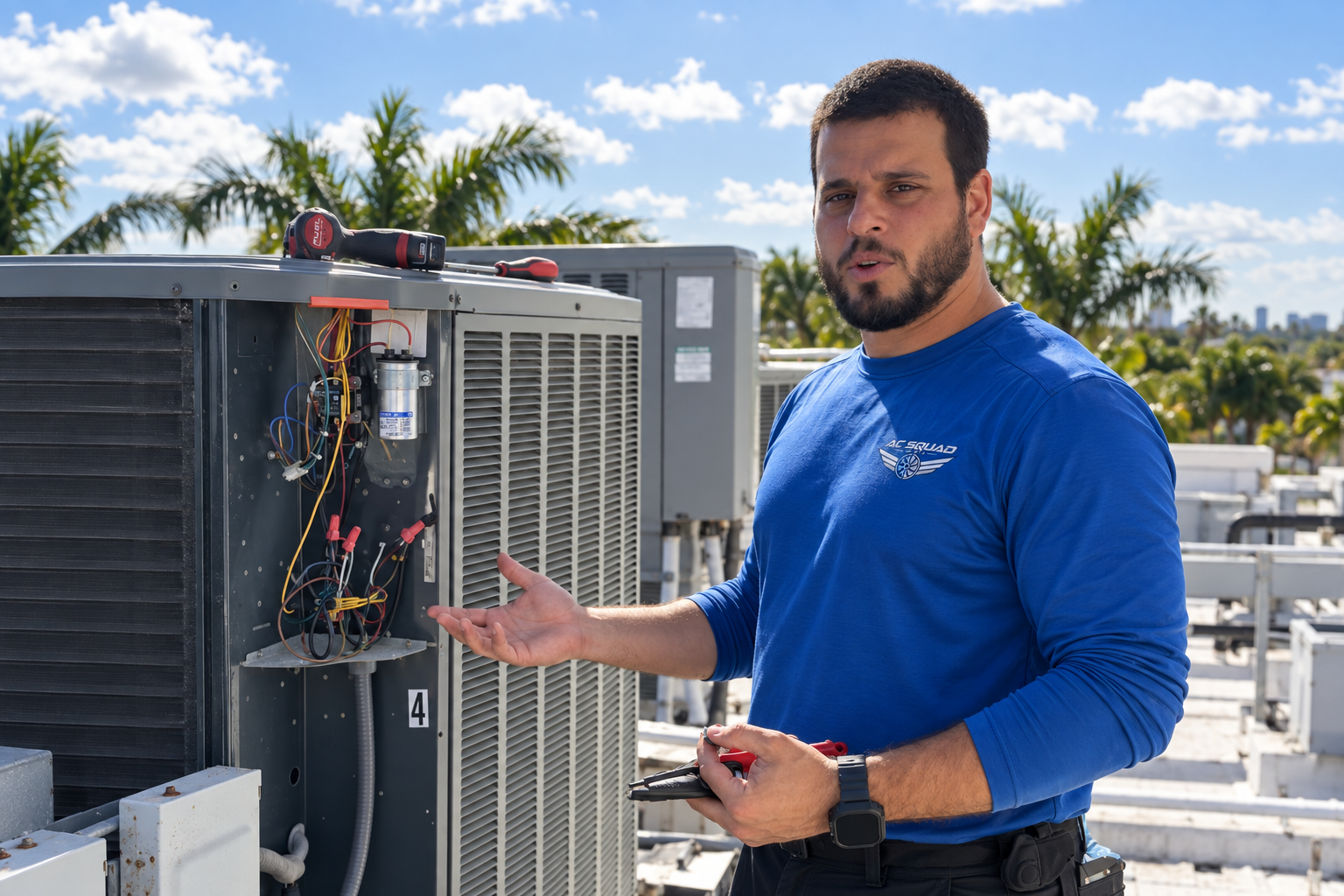 AC Squad founder Bruno Dividorio working on rooftop HVAC equipment